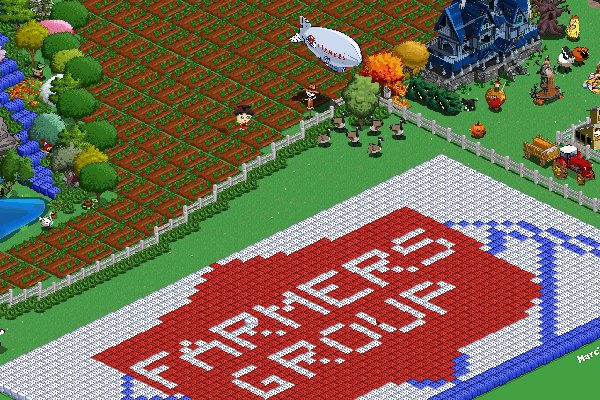 The Farmers Insurance zeppelin hovers over the company's FarmVille creation, providing "crop insurance"